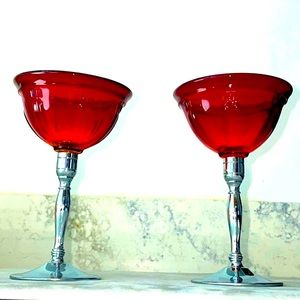 New Martinsville Amberina Pair of Vintage Art Deco Chrome Cordial Wine Glasses